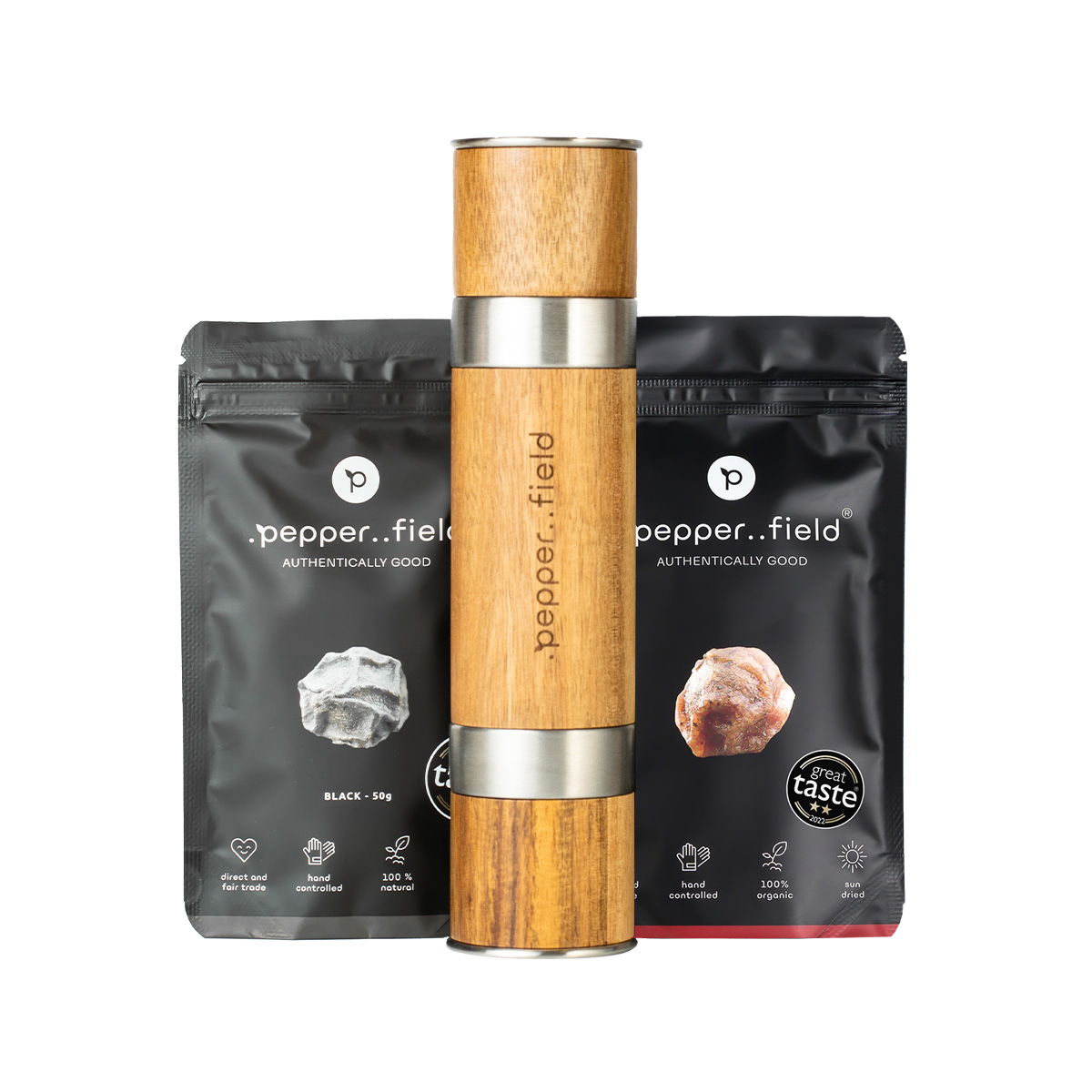 DUOMILL Double Grinder + 2x50g Black and Red Kampot Pepper of Your Choice